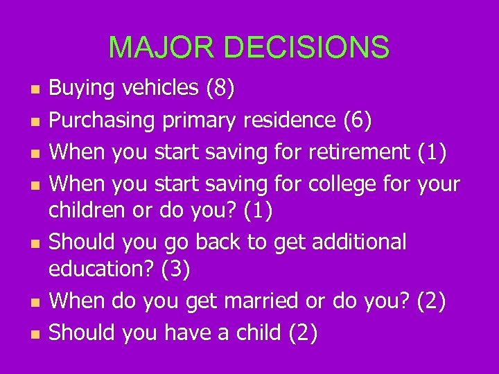 MAJOR DECISIONS n n n n Buying vehicles (8) Purchasing primary residence (6) When