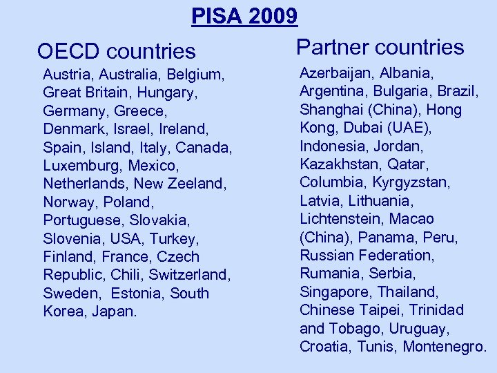 PISA 2009 Partner countries OECD countries Austria, Australia, Belgium, Great Britain, Hungary, Germany, Greece,