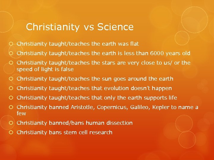 Christianity vs Science Christianity taught/teaches the earth was flat Christianity taught/teaches the earth is