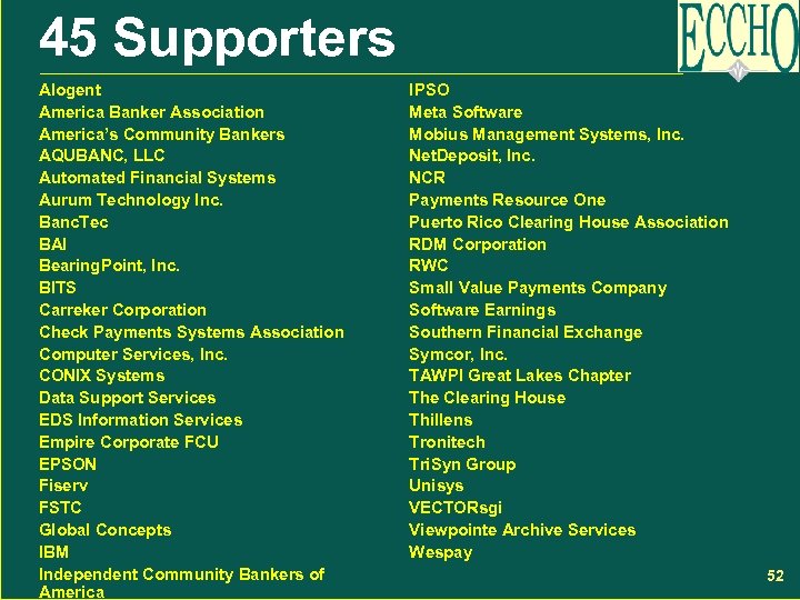 45 Supporters Alogent America Banker Association America’s Community Bankers AQUBANC, LLC Automated Financial Systems