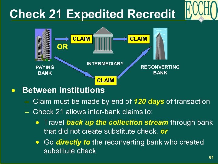 Check 21 Expedited Recredit CLAIM OR PAYING BANK INTERMEDIARY RECONVERTING BANK CLAIM · Between