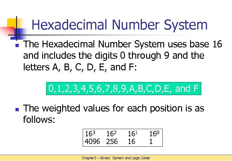 Hexadecimal Number System n The Hexadecimal Number System uses base 16 and includes the