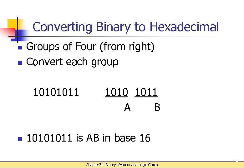 Converting Binary to Hexadecimal n n Groups of Four (from right) Convert each group