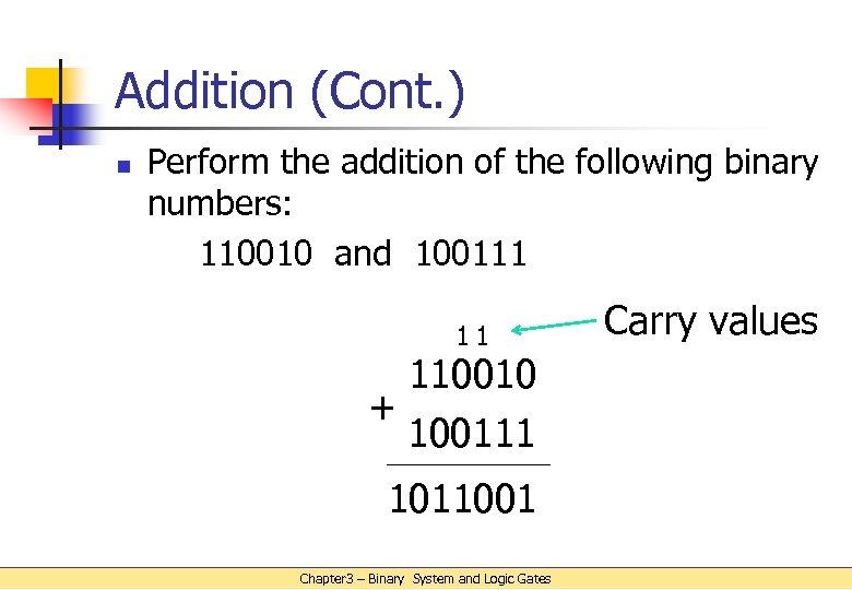 Addition (Cont. ) n Perform the addition of the following binary numbers: 110010 and