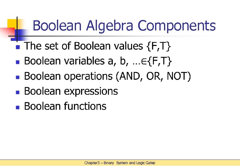 Boolean Algebra Components n Chapter 3 – Binary System and Logic Gates 