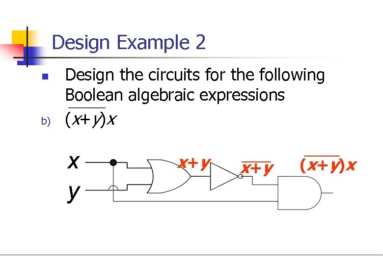 Design Example 2 n b) Design the circuits for the following Boolean algebraic expressions