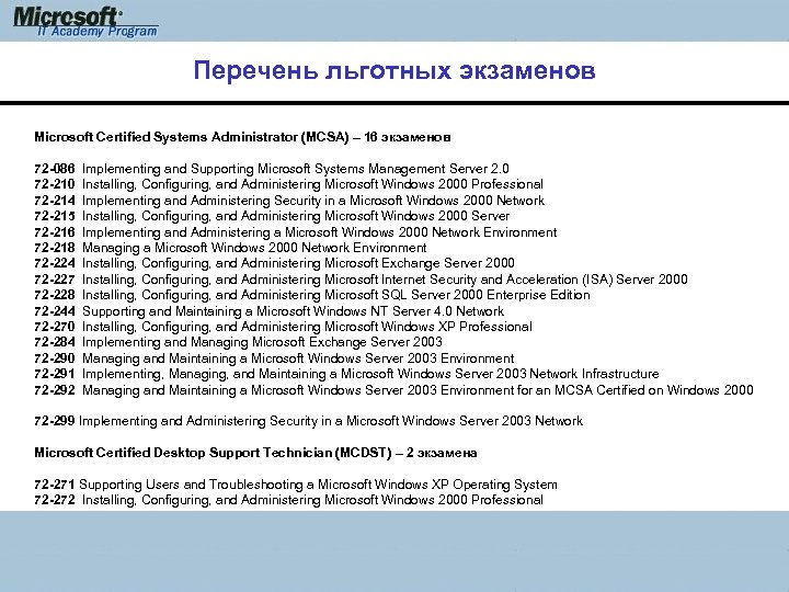 Перечень льготных экзаменов Microsoft Certified Systems Administrator (MCSA) – 16 экзаменов 72 -086 Implementing
