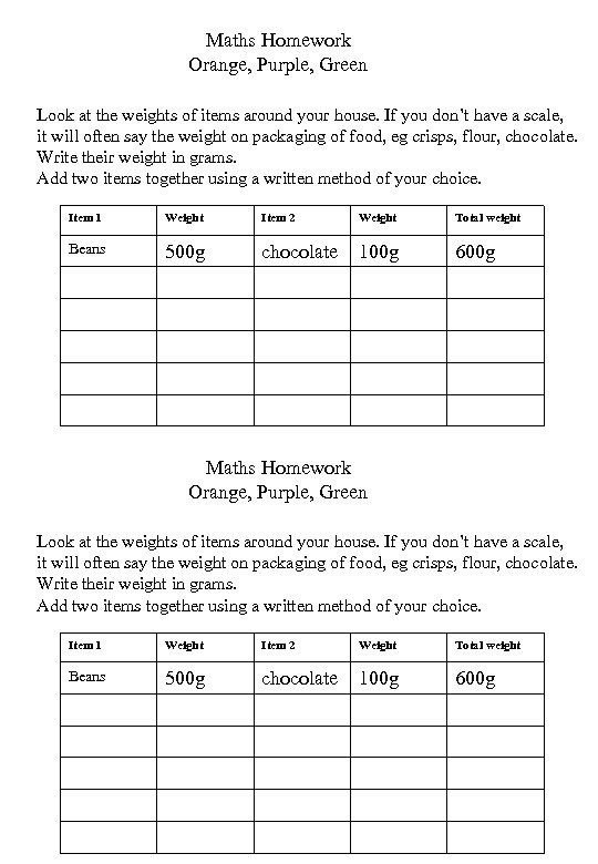 Maths Homework Orange, Purple, Green Look at the weights of items around your house.