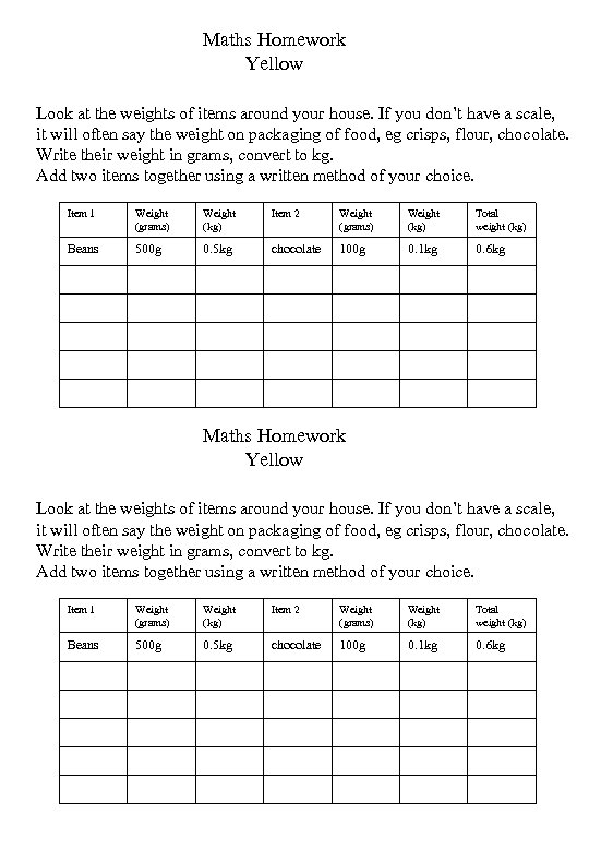 Maths Homework Yellow Look at the weights of items around your house. If you