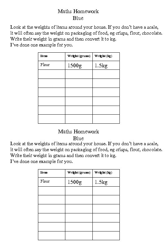 Maths Homework Blue Look at the weights of items around your house. If you