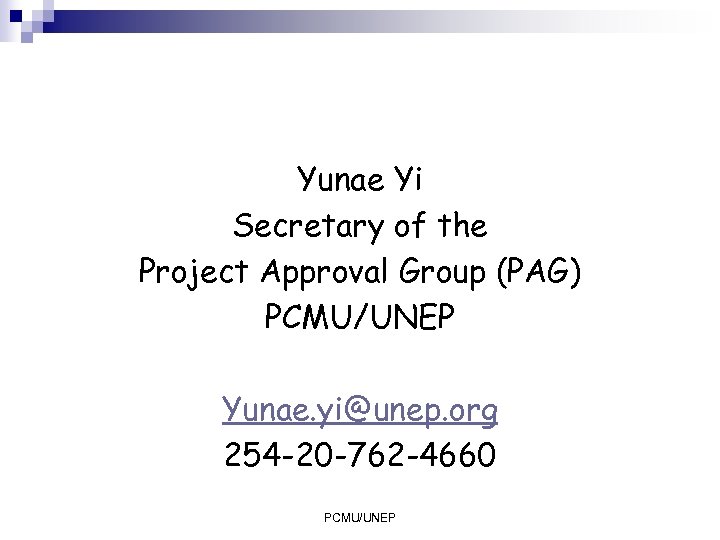 Yunae Yi Secretary of the Project Approval Group (PAG) PCMU/UNEP Yunae. yi@unep. org 254