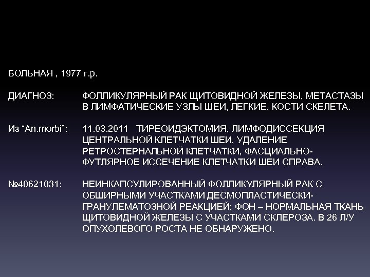 БОЛЬНАЯ , 1977 г. р. ДИАГНОЗ: ФОЛЛИКУЛЯРНЫЙ РАК ЩИТОВИДНОЙ ЖЕЛЕЗЫ, МЕТАСТАЗЫ В ЛИМФАТИЧЕСКИЕ УЗЛЫ