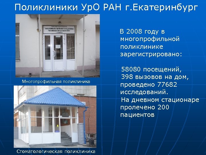 Поликлиники Ур. О РАН г. Екатеринбург В 2008 году в многопрофильной поликлинике зарегистрировано: Многопрофильная