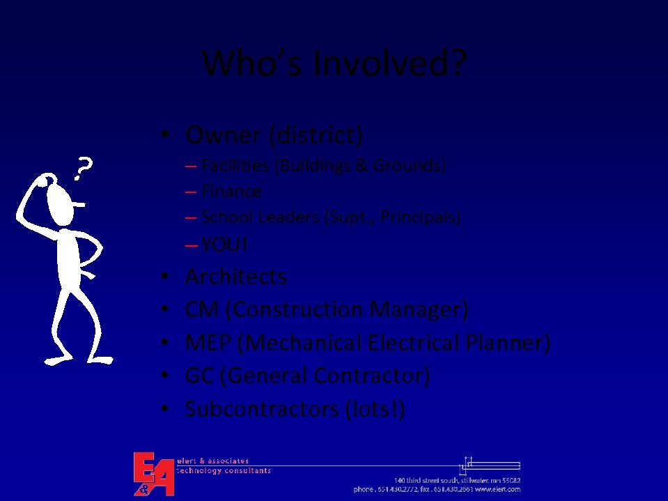 Who’s Involved? • Owner (district) – Facilities (Buildings & Grounds) – Finance – School