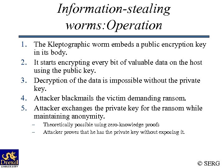 Information-stealing worms: Operation 1. The Kleptographic worm embeds a public encryption key in its