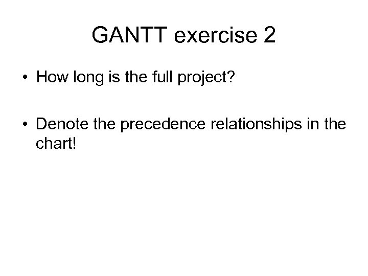 GANTT exercise 2 • How long is the full project? • Denote the precedence