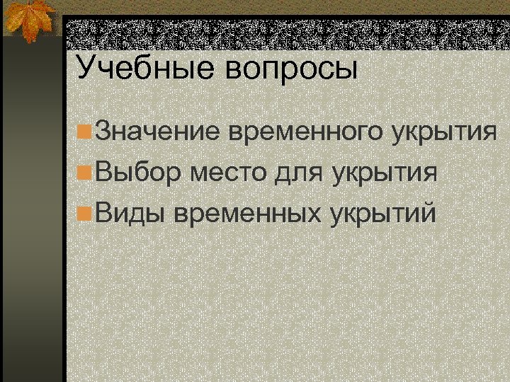 Учебные вопросы n Значение временного укрытия n Выбор место для укрытия n Виды временных