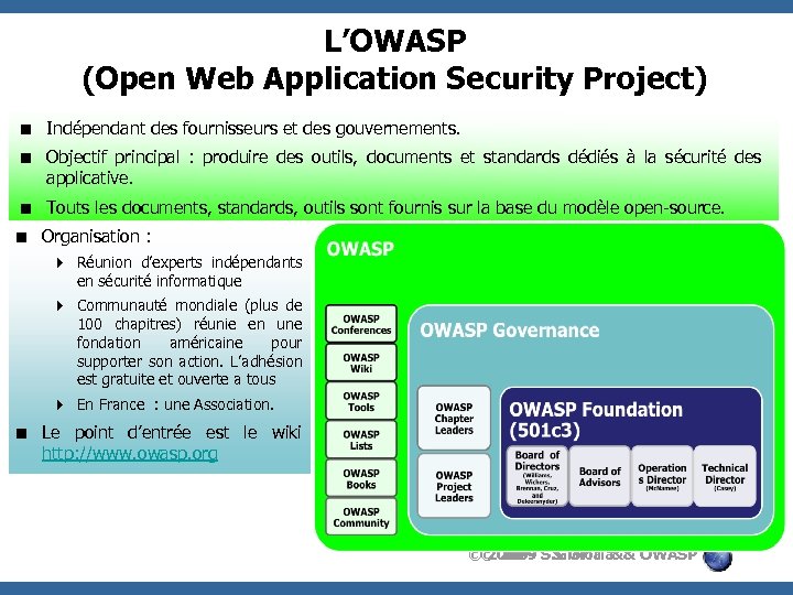 L’OWASP (Open Web Application Security Project) < Indépendant des fournisseurs et des gouvernements. <