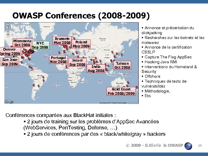 OWASP Conferences (2008 -2009) Minnesota NYC Oct 2008 Sep 2008 Denver Spring 2009 San