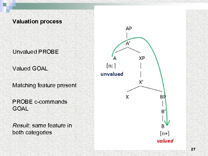 Valuation process Unvalued PROBE Valued GOAL Matching feature present PROBE c-commands GOAL Result: same