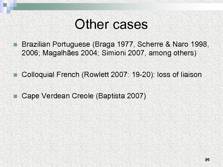 Other cases n Brazilian Portuguese (Braga 1977, Scherre & Naro 1998, 2006; Magalhães 2004;