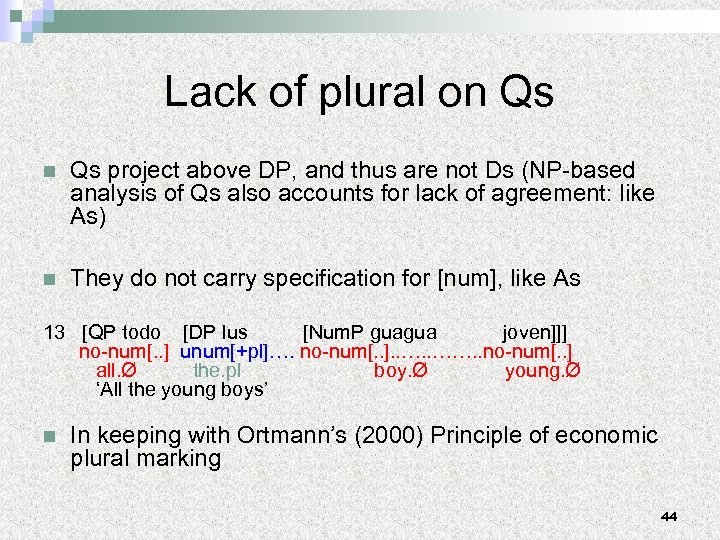 Lack of plural on Qs project above DP, and thus are not Ds (NP-based