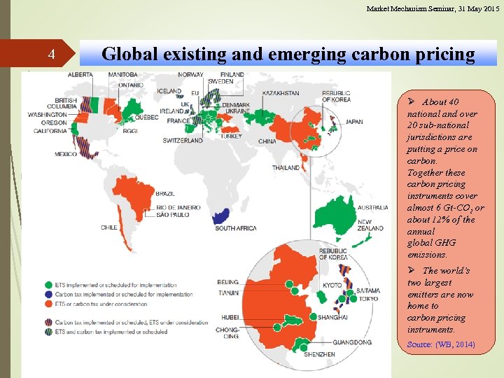 Market Mechanism Seminar, 31 May 2015 4 Global existing and emerging carbon pricing Ø