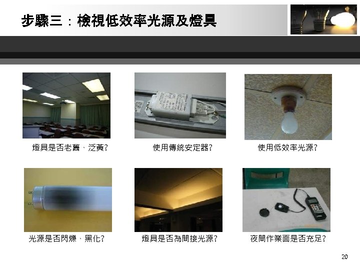 步驟三：檢視低效率光源及燈具 燈具是否老舊、泛黃? 光源是否閃爍、黑化? 使用傳統安定器? 燈具是否為間接光源? 使用低效率光源? 夜間作業面是否充足? 20 