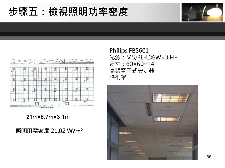 步驟五：檢視照明功率密度 Philips FBS 601 光源：M 5/PL-L 36 W× 3 HF 尺寸： 60× 14 高頻電子式安定器