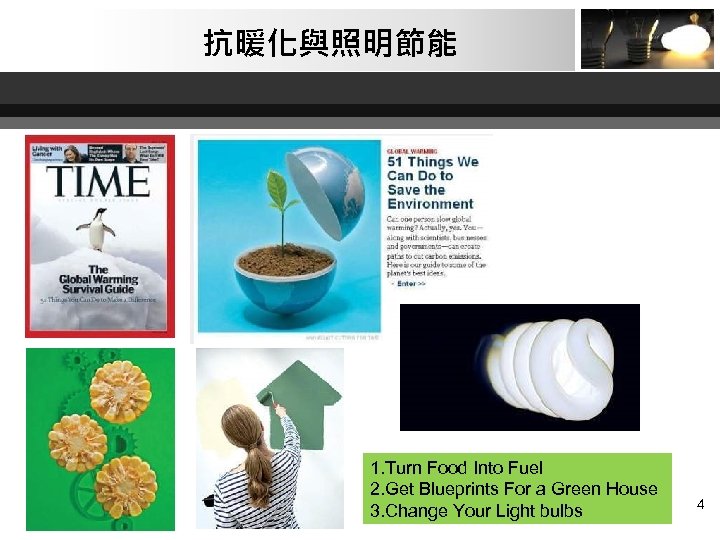 抗暖化與照明節能 1. Turn Food Into Fuel 2. Get Blueprints For a Green House 3.