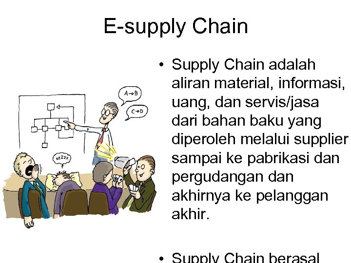 E-supply Chain • Supply Chain adalah aliran material, informasi, uang, dan servis/jasa dari bahan