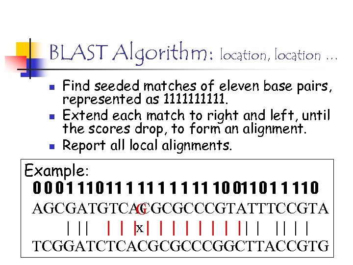 BLAST Algorithm: location, location … n n n Find seeded matches of eleven base