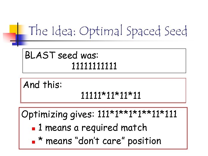 The Idea: Optimal Spaced Seed BLAST seed was: 111111 And this: What about this: