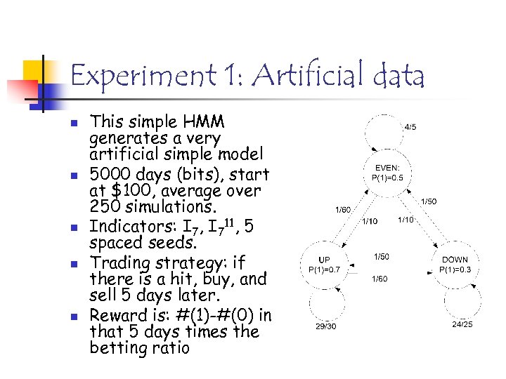Experiment 1: Artificial data n n n This simple HMM generates a very artificial