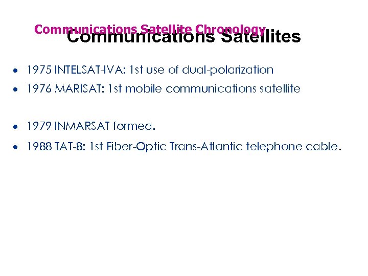 Communications Satellite Chronology Communications Satellites · 1975 INTELSAT-IVA: 1 st use of dual-polarization ·