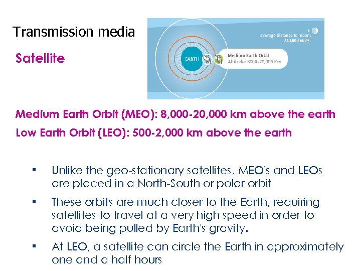 Transmission media Satellite Medium Earth Orbit (MEO): 8, 000 -20, 000 km above the