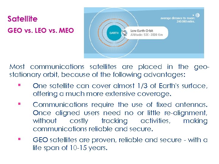 Satellite GEO vs. LEO vs. MEO Most communications satellites are placed in the geostationary