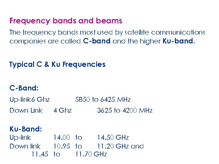 Frequency bands and beams The frequency bands most used by satellite communications companies are