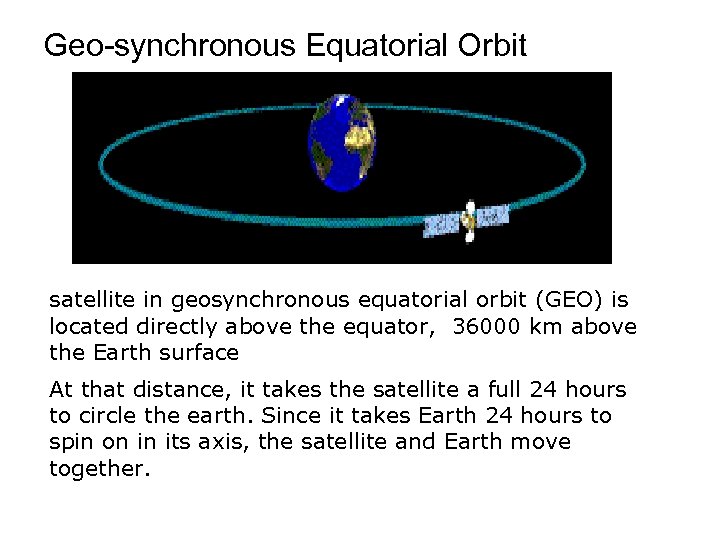 Geo-synchronous Equatorial Orbit satellite in geosynchronous equatorial orbit (GEO) is located directly above the