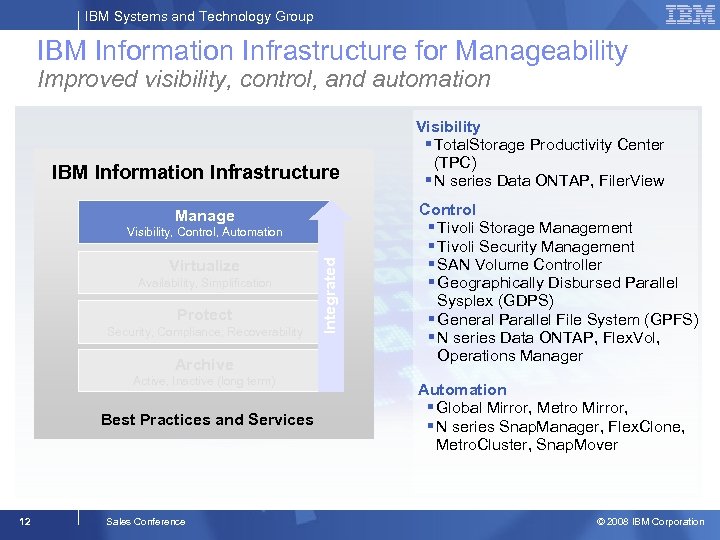 IBM Systems and Technology Group IBM Information Infrastructure for Manageability Improved visibility, control, and