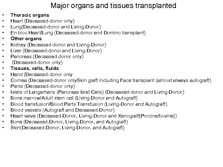 Major organs and tissues transplanted • • • • • Thoracic organs Heart (Deceased-donor