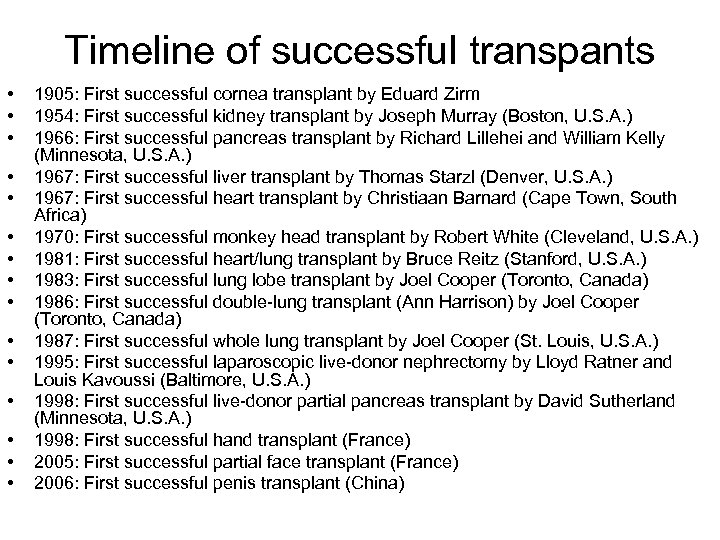 Timeline of successful transpants • • • • 1905: First successful cornea transplant by