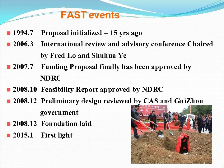 FAST events n 1994. 7 Proposal initialized – 15 yrs ago n 2006. 3