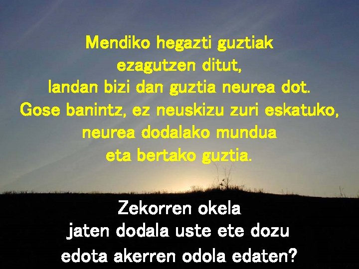Mendiko hegazti guztiak ezagutzen ditut, landan bizi dan guztia neurea dot. Gose banintz, ez