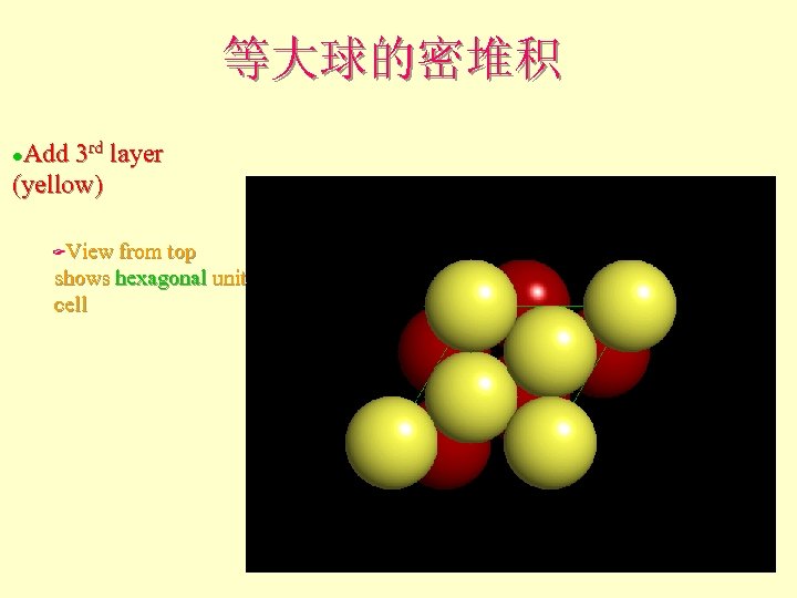 等大球的密堆积 Add 3 rd layer (yellow) l View from top shows hexagonal unit cell