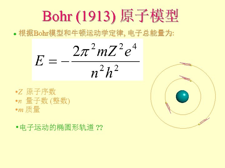 Bohr (1913) 原子模型 根据Bohr模型和牛顿运动学定律, 电子总能量为: 电子总能量为 l • Z 原子序数 • n 量子数 (整数)