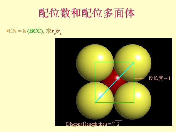 配位数和配位多面体 • CN = 8 (BCC), 求rc/ra 设长度 = 1 Diagonal length then =