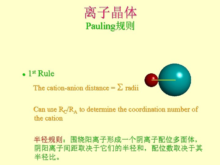 离子晶体 Pauling规则 1 st Rule l The cation-anion distance = radii Can use RC/RA