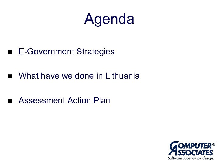 Agenda n E-Government Strategies n What have we done in Lithuania n Assessment Action