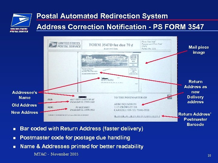 Postal Automated Redirection System Address Correction Notification - PS FORM 3547 Mail piece image